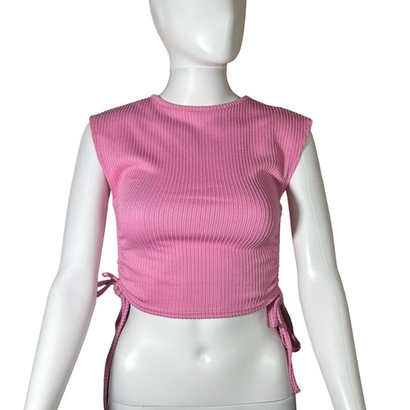 ASOS DESIGN Ribbed Sleeveless Pink Crop top with ruched sides size 4 - Picture 1 of 8